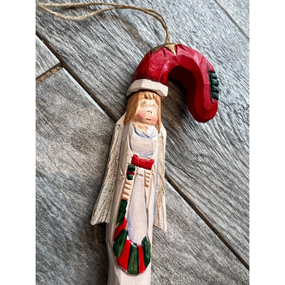 Christmas Ornament Carved Wood Candy Cane Shaped Angel 8"‎ Country Cottage